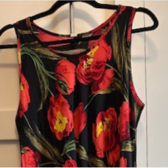 TULIP Dress Midi S/L Cheerful Black Red Green Cotton Spandex EUC Sz L XL - Picture 2 of 11